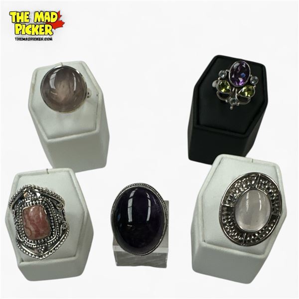 6 New Faceted Crystal & Polished Cabochon Rings in Silver Settings (all stamped .925) Total weight: