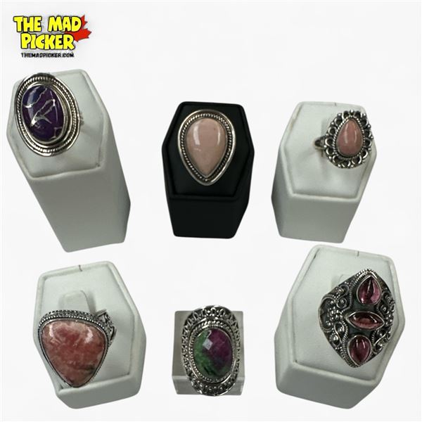 6 New Polished Natural Stone Cabochon Rings in Silver Settings - Rhodonite, Garnet, Watermelon Agate