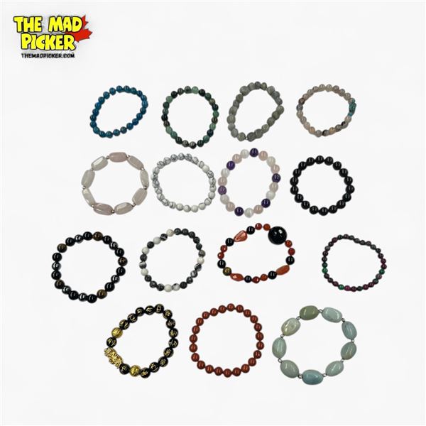 15 New Natural Stone, Glass & Lava Bead Stretch Bracelets