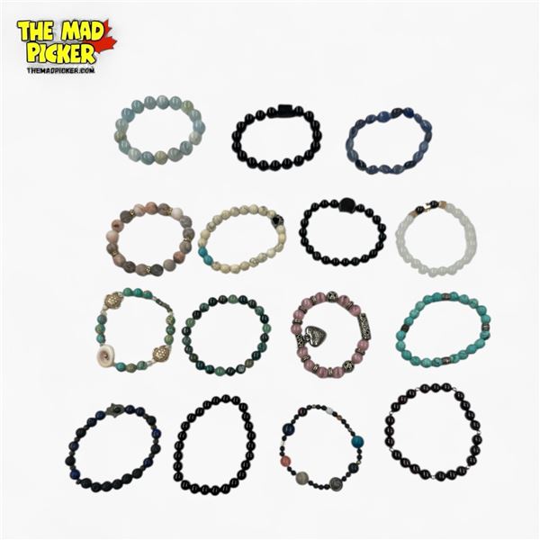 15 New Natural Stone, Glass & Lava Bead Stretch Bracelets