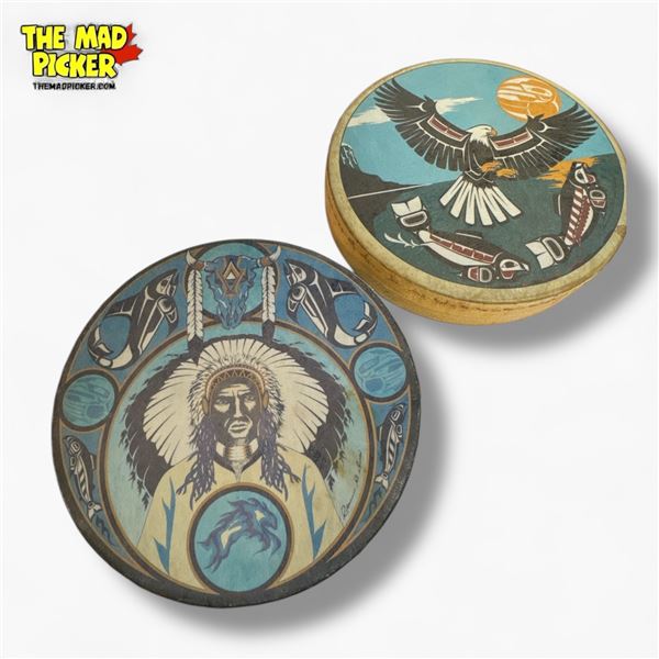 Pair of Clarence a. Wells Stretched Drums British Columbia First Nations Artwork