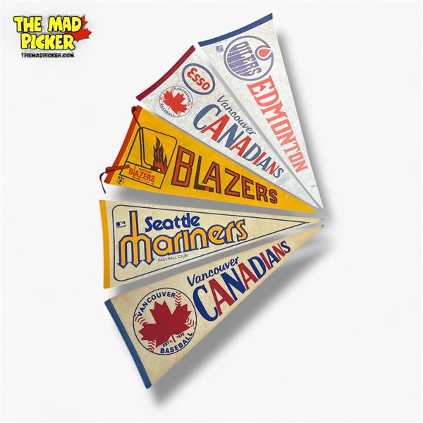 Collection of 5 Vintage Pennants Vancouver Canadians X2 Mariners Blazers Oilers