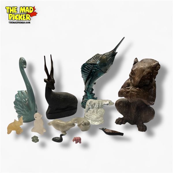 Collection of Animal Figurines in Glass, Quartz, Jade, Wood, and Porcelain Various Eras