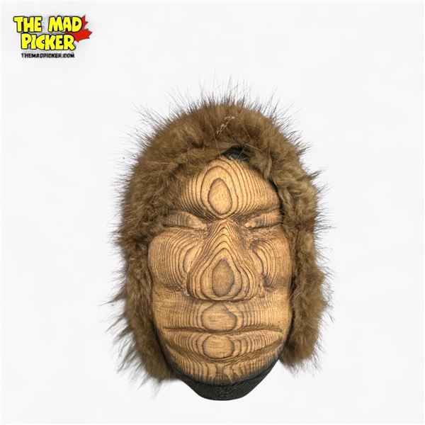 First Nations Cedar Carved Wooden Mask with Muskrat Fur Lining