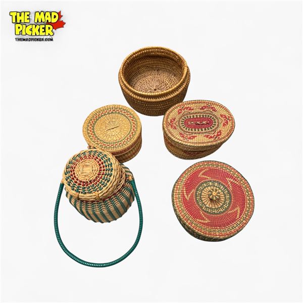 Collection of 5 Vintage Seet Grass Woven Baskets Natural Fiber Handcrafted