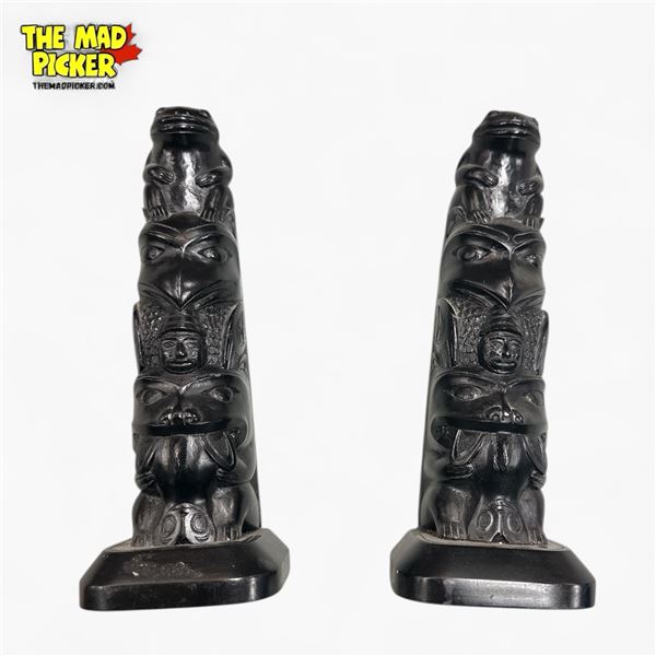 Pair of Boma Canada Black Resin Totem Pole Ornaments 8.5-Inch Northwest Coast Art