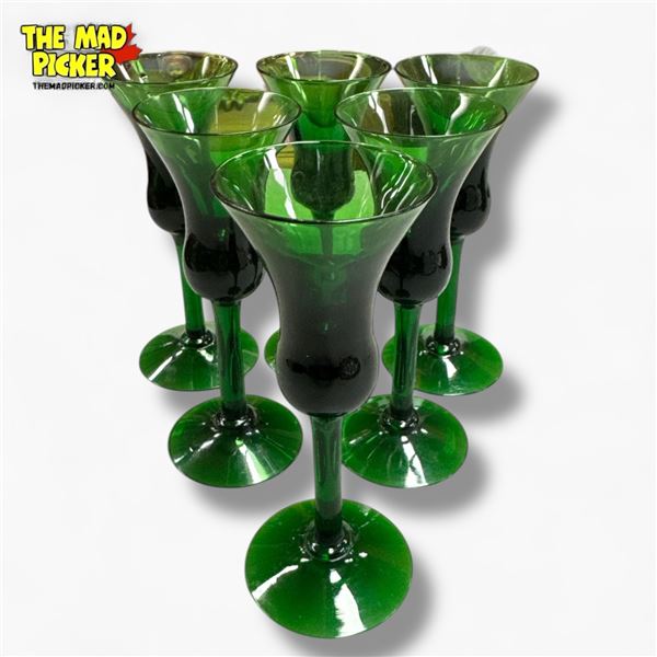 Vintage Dark Green Aperitif Port Glasses Set of 6 5.75 Inch Mid-Century