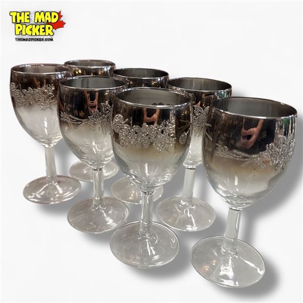 Mid-Century Dorothy Thorpe-Style Silver Fade Floral Wine Glasses Set of 7