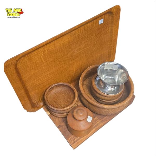 Mid-Century Modern Wood Tray, Cutting Board, Bowls, Container, and German Steel Bowl