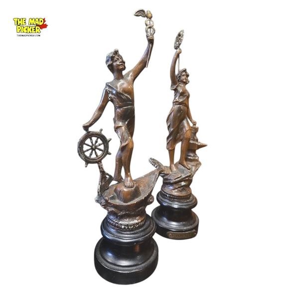 Pair of Cast Metal Statues 'Le Commerce' & 'Industrie' 13-Inch 19th Century
