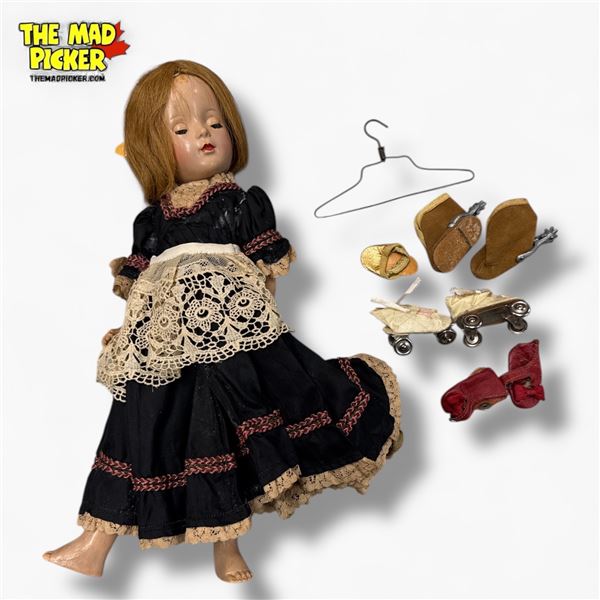 Vintage 13-Inch Doll with Sleep Eyes USA Made with Shoes Including Roller Skates and Boots