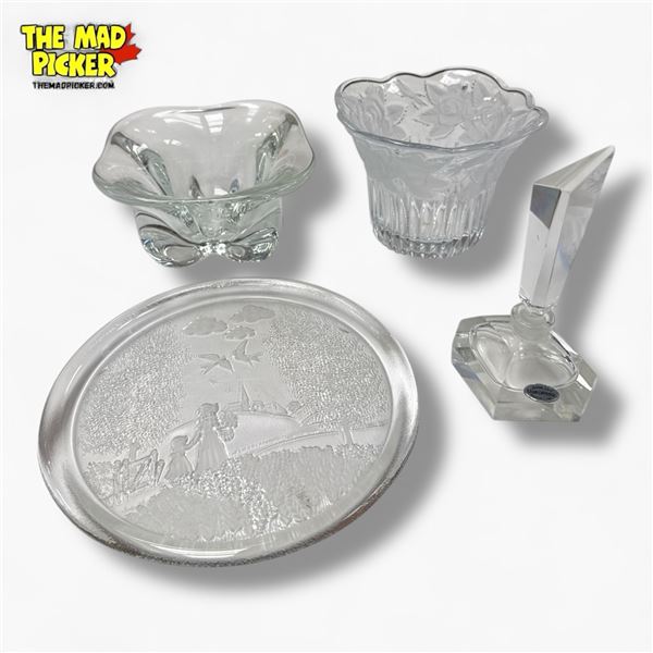 Assorted Glass Collection: Leaded Glass Perfume Bottle, Bowl, Vase & Countryside Plate