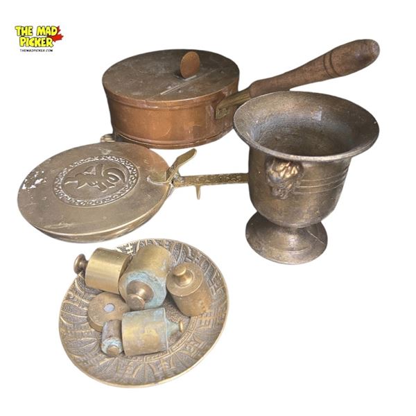 Assorted Brass and Copper Collection Weights Cup Silent Butler Crumb Catcher