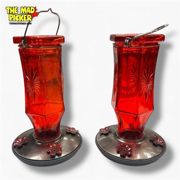 Pair of Vintage Red Glass Hummingbird Feeders with Metal Base