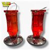 Image 1 : Pair of Vintage Red Glass Hummingbird Feeders with Metal Base