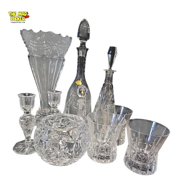 Assorted Leaded Crystal and Cut Glassware Including Mikasa Glasses, Decanters, Vase