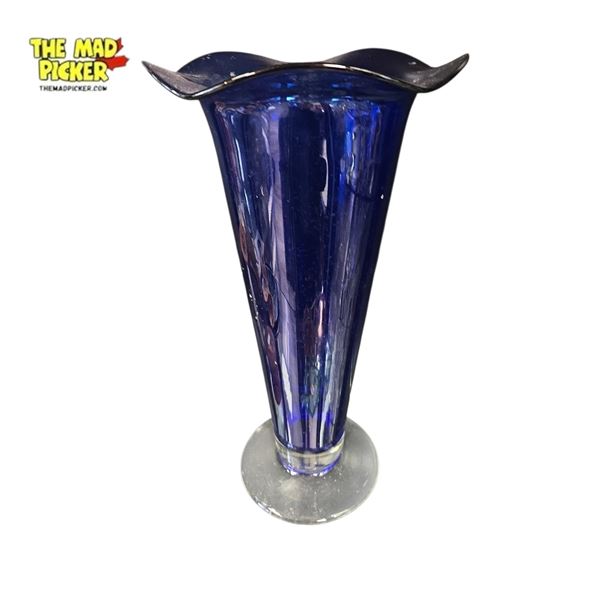 Large Blue Art Glass Vase with Floral Designed Rim 15.5 Inches Tall