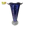 Image 1 : Large Blue Art Glass Vase with Floral Designed Rim 15.5 Inches Tall