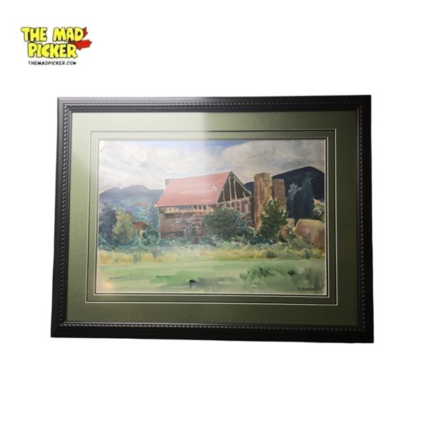 Original Farm Scene Watercolor by W. Balden Signed 29.5x23 Inch Framed Artwork