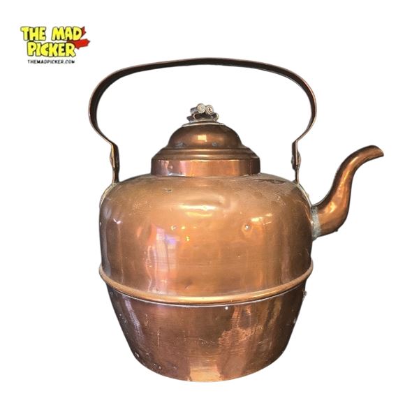 Large Copper Tea Kettle with Gooseneck Spout and Dark Metal Handle 13" Tall