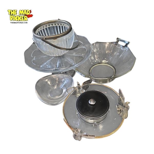 Assorted Vintage Clear Glass Dishes, Bowls, and Cake Plate Mid-20th Century