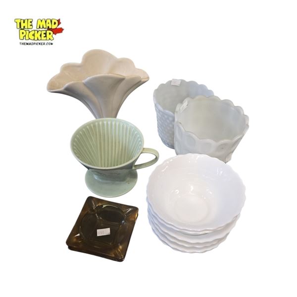 Vintage Glassware Assortment Milk Glass, Fire King, Eo Brody, Amber Ashtrays, Melitta 102