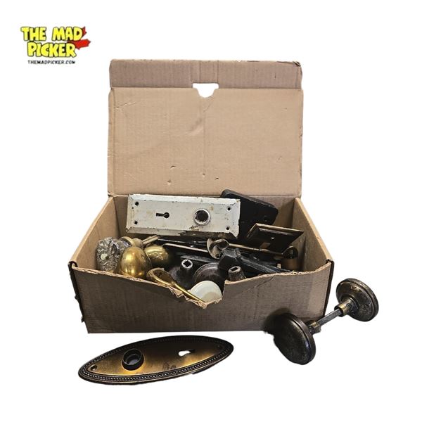 Collection of Vintage Brass Door Handles and Light Switch Plates Mid-Century Design