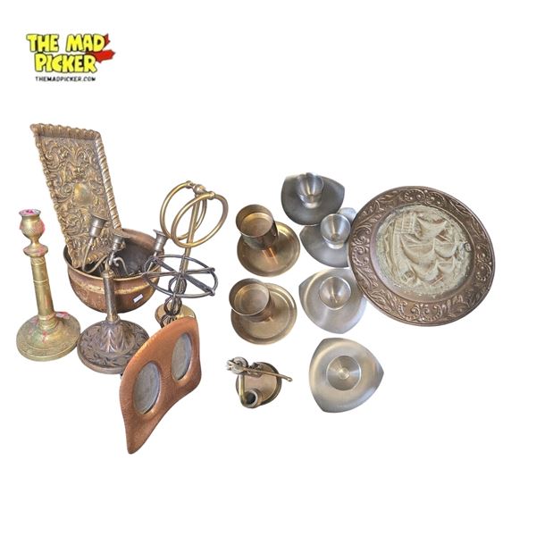 Collection of Brass and Pewter Candlestick Holders and Decorative Items