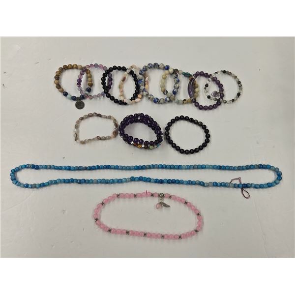 11 New Natural Stone, Glass & Lava Bead Stretch Bracelets & 2 Necklaces