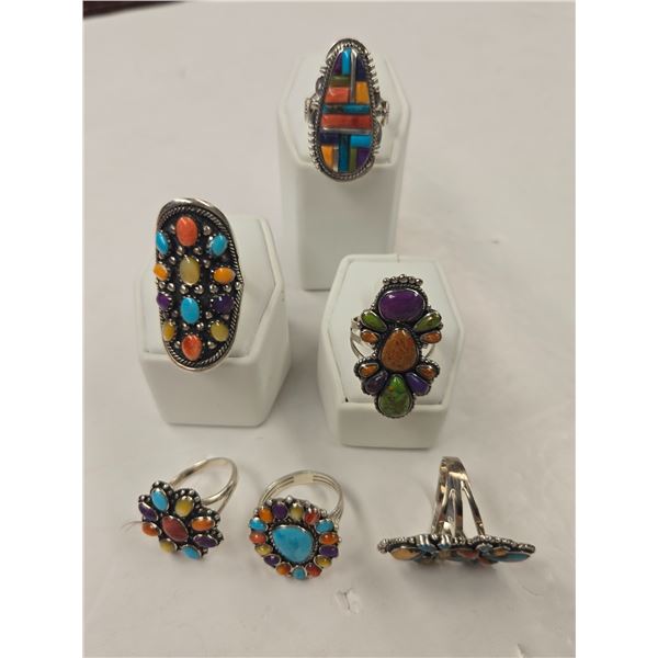 6 New Inlaid Multi-Stone Rings from the Philippines in Silver Settings (all stamped .925) Total weig