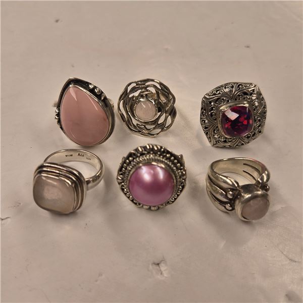 6 New Pink Andean Opal, Crystal, Faux Pearl, & Rose Quartz Rings in Silver Settings (all stamped .92