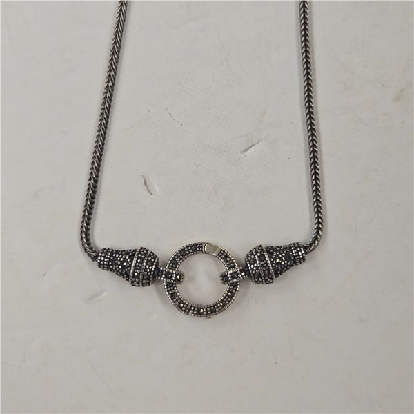 Sterling Silver & Marquisate Necklace - Center can be opened to hang additional pendant - Total weig