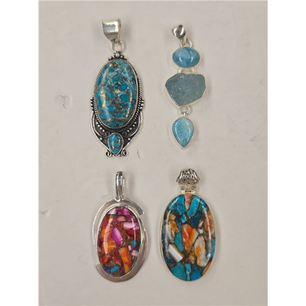 4 New Natural Stone & Crystal Pendants in Silver Settings - Spiny Oyster Copper Turquoise, Turquoise