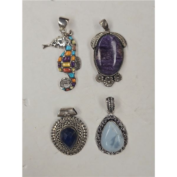 4 New Natural Stone & Crystal Pendants in Silver Settings - Larimar, Purple Charoite, & Multi-Stone