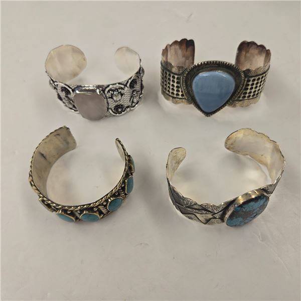4 New Wide Silver-Tone Cuff Bracelets with Natural Stones (Turquoise, Red Jasper, and Blue Dolpin St