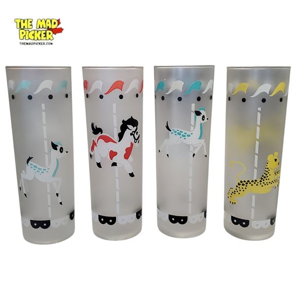 1950s Set of 4 Libbey Carousel Frosted Glasses Set - 7 Inches Mid-Century Modern Design