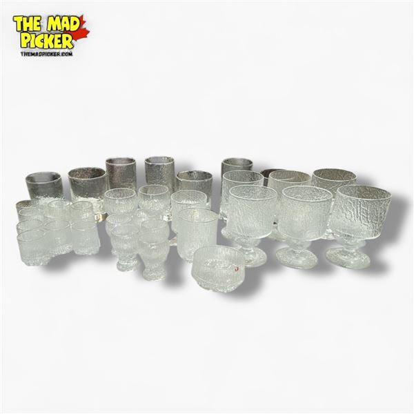 1960s Iittala Ultima Thule Glasses Set Hammered Effect 33 Pieces with 2 Styles of Glass