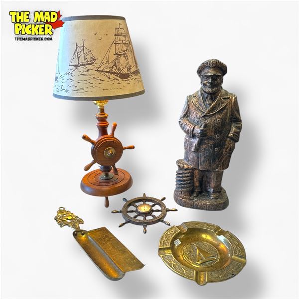 Vintage Nautical Set Gore Brass Lamp Coppercraft Figurine Ship Wheel Ashtray