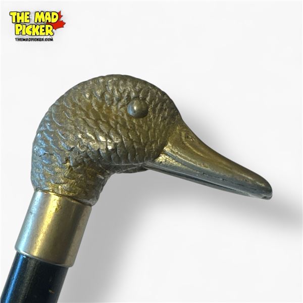 Vintage Wooden Walking Cane with Brass Duck Head Handle - 34 1/2in