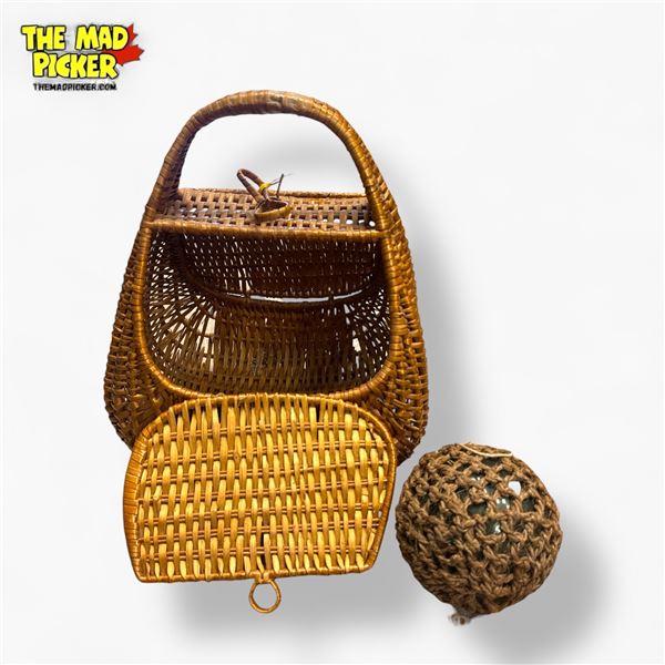 Vintage Wicker Fishing Creel with Glass Japanese Fishing Float