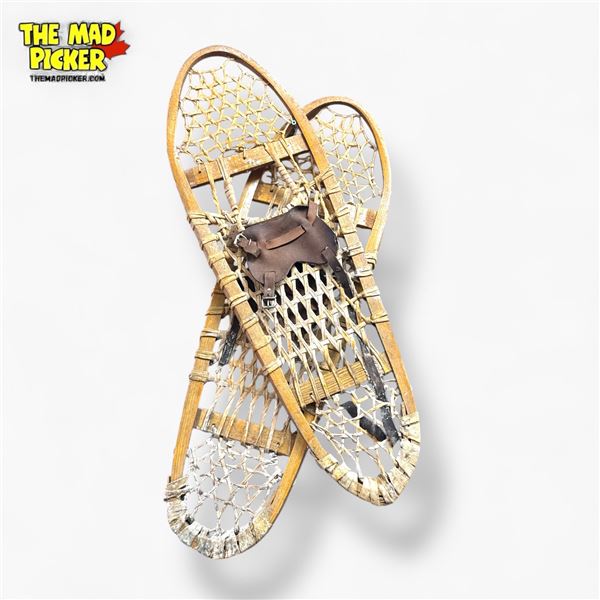 Pair of Traditional Wooden Bear Paw Snowshoes White Ash Frame Rawhide Webbing
