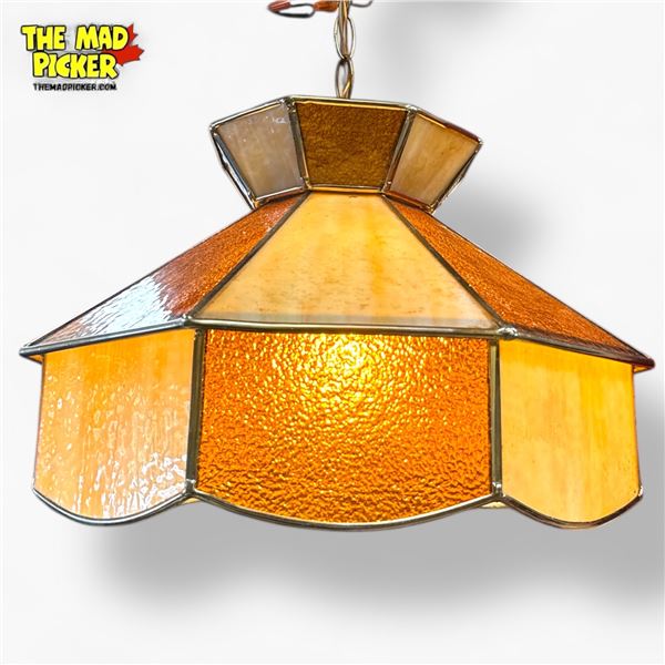 Vintage 14.5in Brown and Orange Leaded Slag Stained Glass Swag Light Fixture