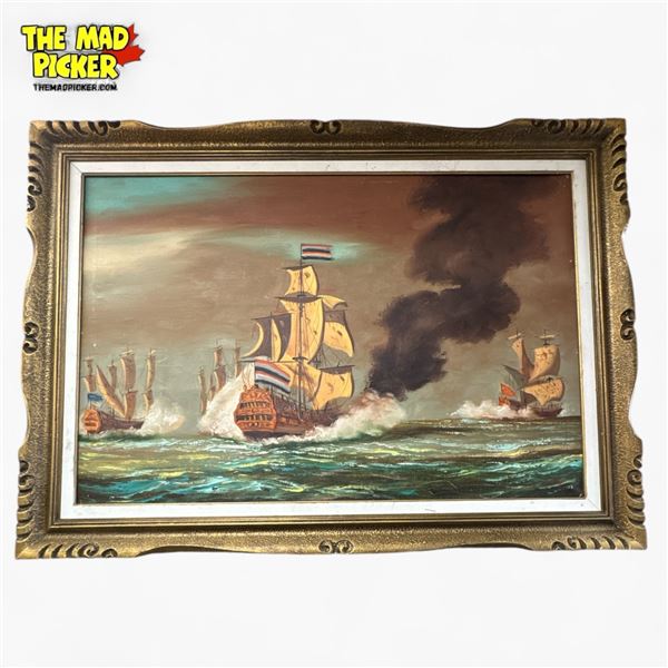 Framed Original Battleship Scene Painting on Canvas, Signed, 42in X 30in