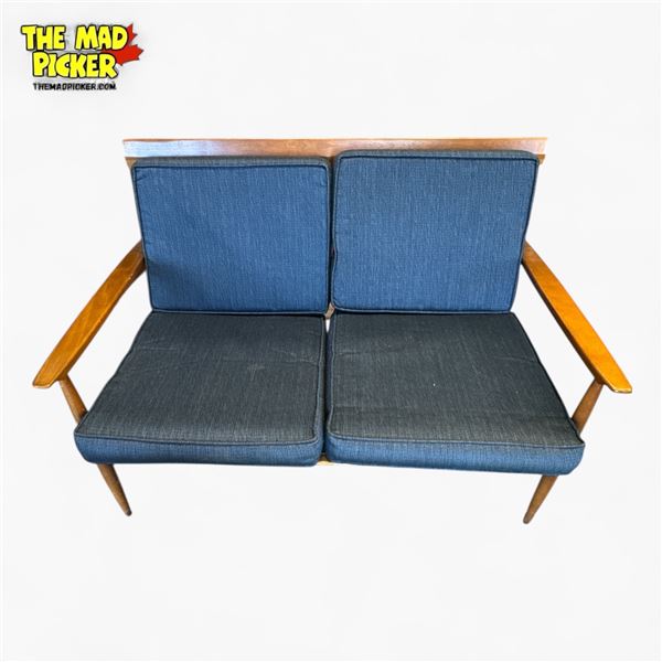 Mid-Century Modern Teak 2-Seater Sofa with Blue Cushions 43.5in Wide