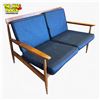 Image 2 : Mid-Century Modern Teak 2-Seater Sofa with Blue Cushions 43.5in Wide
