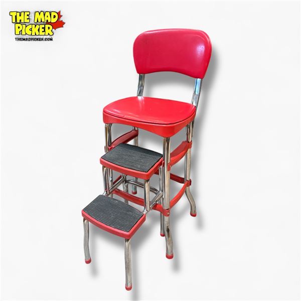 Cosco Stylaire Retro Chair with Step Stool Red Vinyl Chrome Finish Mid-Century Design