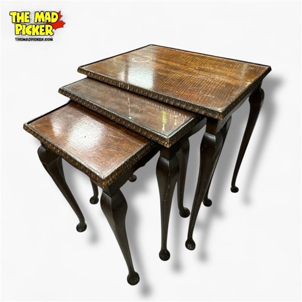 Set of Three Dark Stained Wood Nesting Tables with Glass Top on Largest, 16x13x19 Inches
