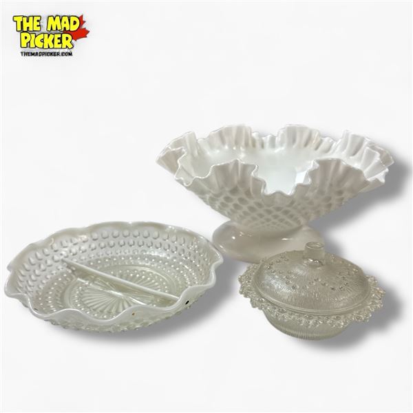 Anchor Hocking Moonstone Opalescent Hobnail Glass Set Bowl, Relish Dish