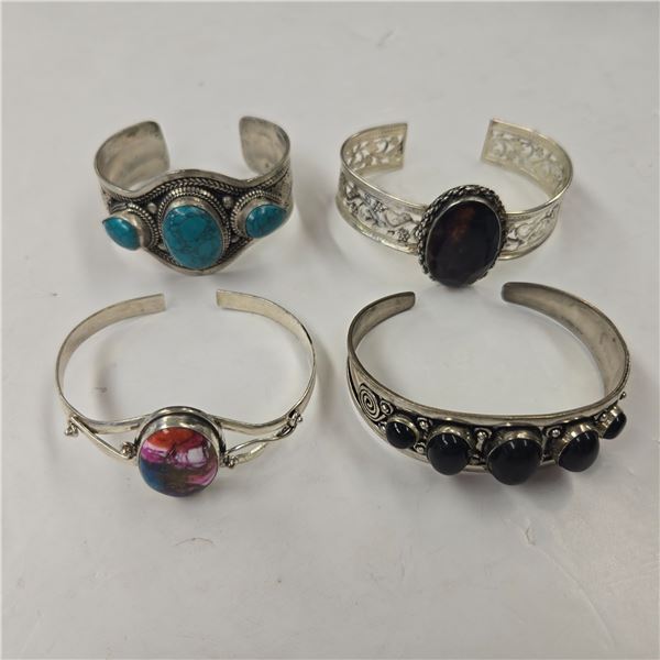 4 New Silver-Tone Cuff Bracelets with Natural Stones (Spiny Oyster Copper Turquoise, Triplet Opal, O