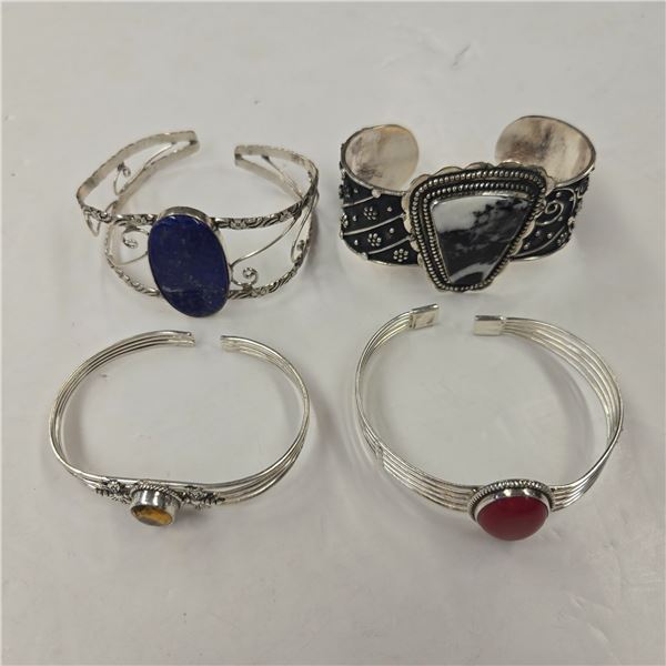 4 New Silver-Tone Cuff Bracelets with Natural Stones (White Buffalo Turquoise, Red Jasper, Citrine a